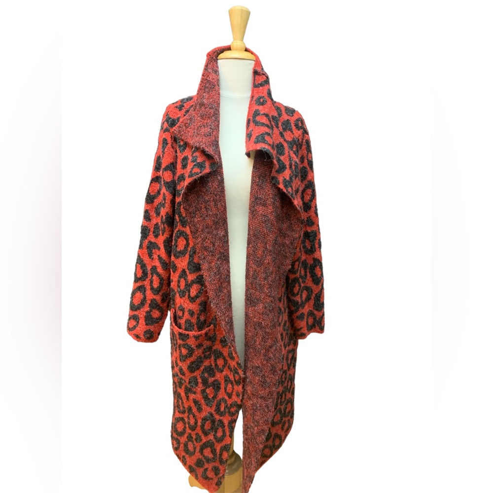 EUC, Joseph A. Long, Red + Black Leopard Print Duster Cardigan Sweater